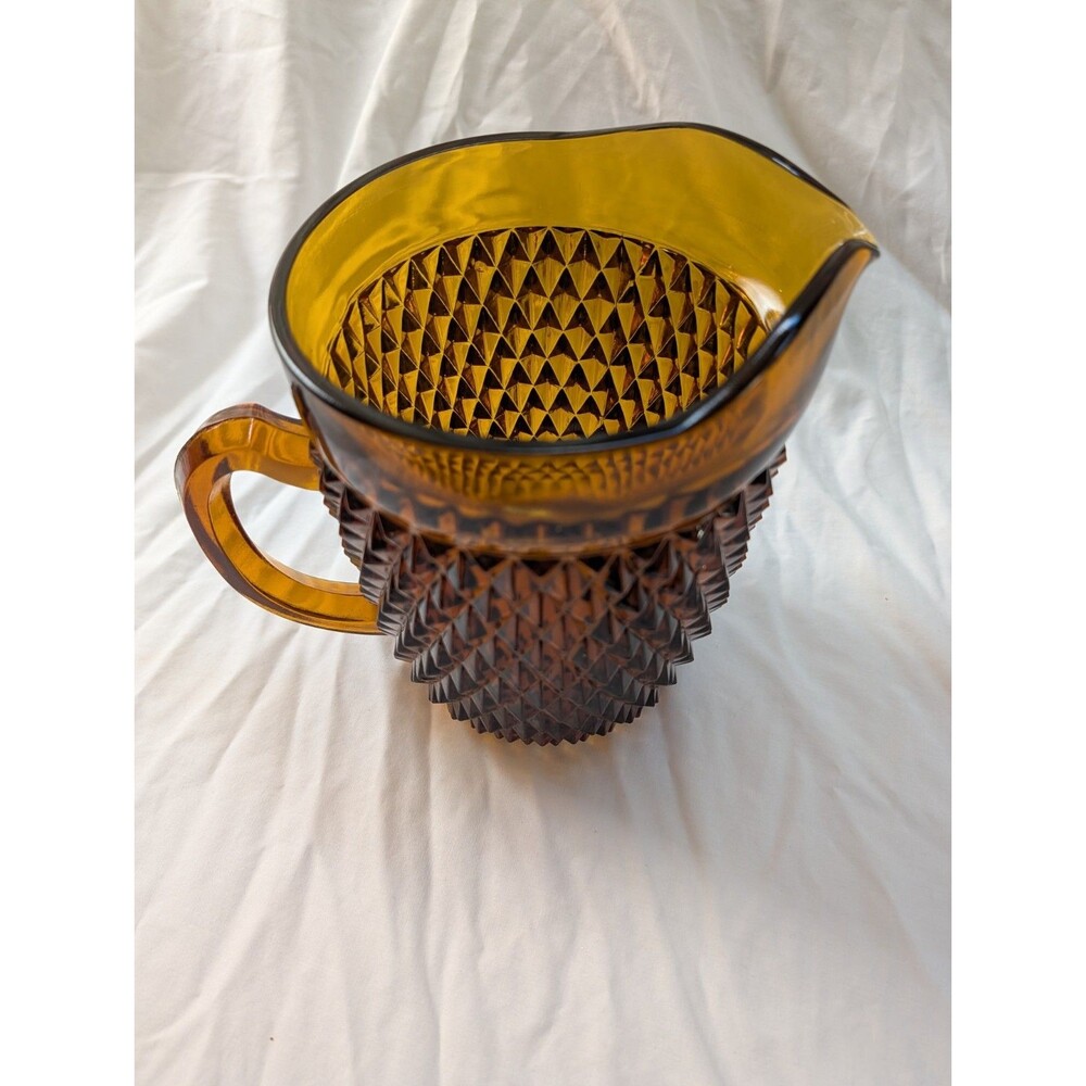 Vintage Amber Diamond Point Glass Pitcher Heavy Textured Retro MCM Style - Picture 2 of 5